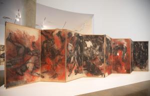 In this photo taken June 10, 2015, a 1950 paper and Indian ink artwork called Ghost is displayed at the Hiroshima-Nagasaki Atomic Bomb Exhibition at the American University Museum at the Katzen Arts Center, in northwest Washington, Wednesday, June 10, 2015, to commemorate the 70th anniversary of the 1945 atomic bombings of Hiroshima and Nagasaki, Japan. The exhibition is opening on June 13th. (AP Photo/Manuel Balce Ceneta)